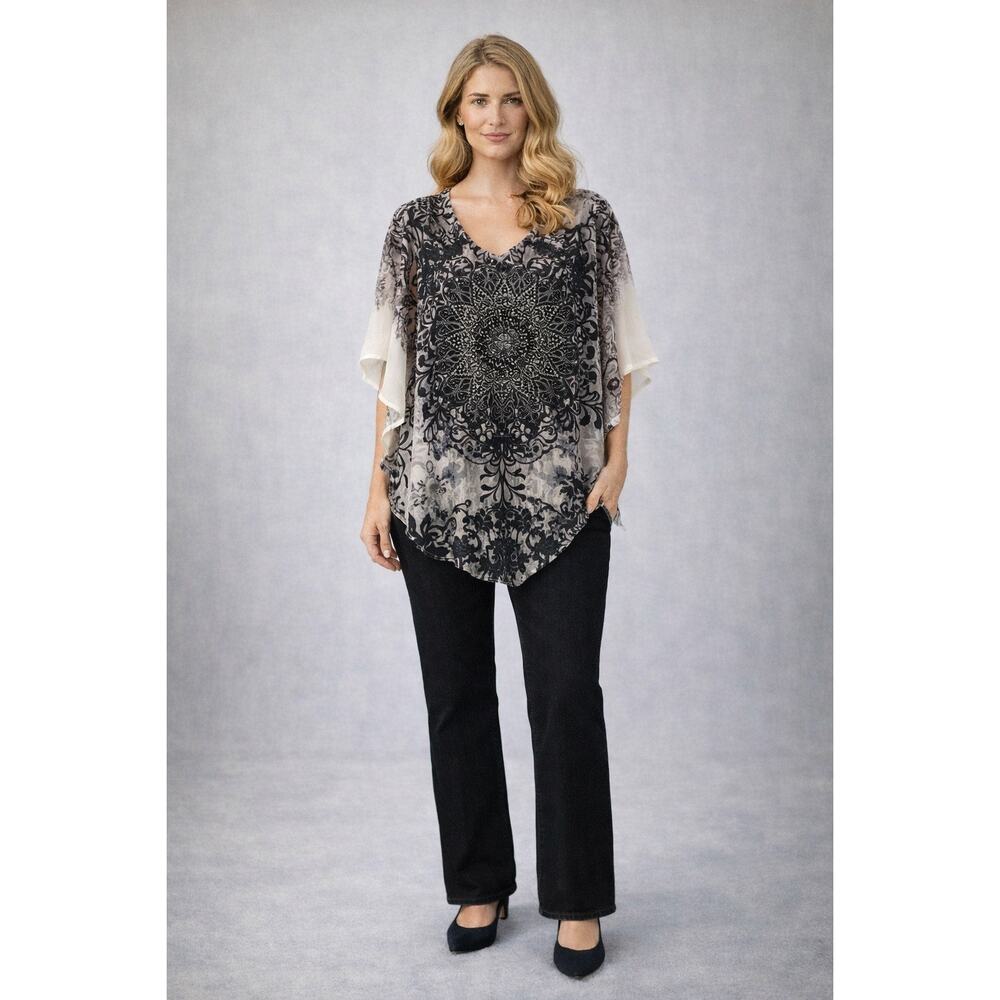Dressbarn Sheer Beaded Mandala Top Women Black Gray V-Neck L  - D012